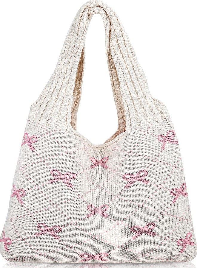 Busnos Beach Bags for Women Coquette Bow Tote Bag Purse for Women Cute Crochet Beach Tote Bag Knit Shoulder Purses Trendy Womens Beige Travel Vacation Handbag - Image 1